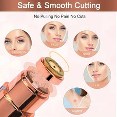 Beard Trimmer - Diagram of trimmer blade head, with circular insets marking use areas: eyebrow, face, nose, lip, armpit, and text Safe & Smooth Cutting No Pulling No Pain No Cuts