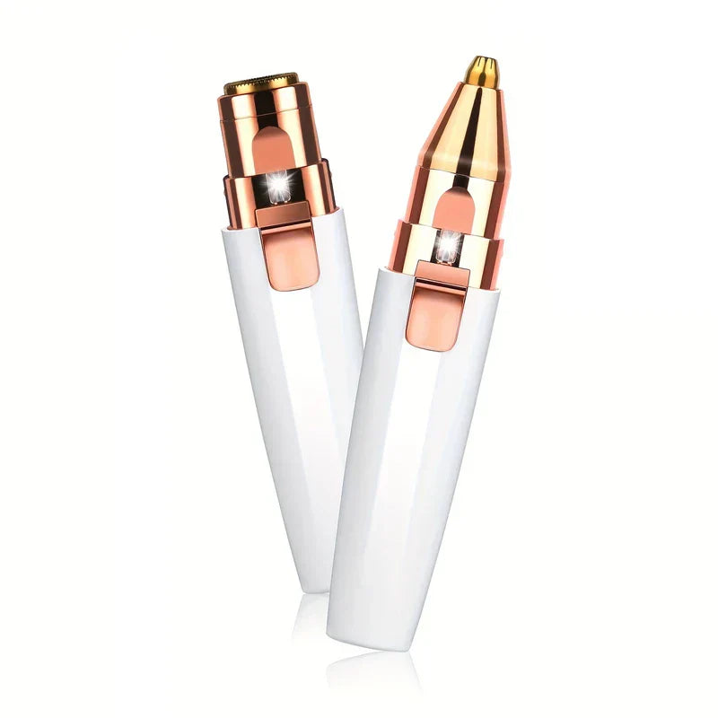 Beard Trimmer - Two white and rose gold electric hair removal trimmers standing upright, one with a wide head and one with a narrow pointed head