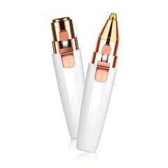 Beard Trimmer - Two white and rose gold electric hair removal trimmers standing upright, one with a wide head and one with a narrow pointed head
