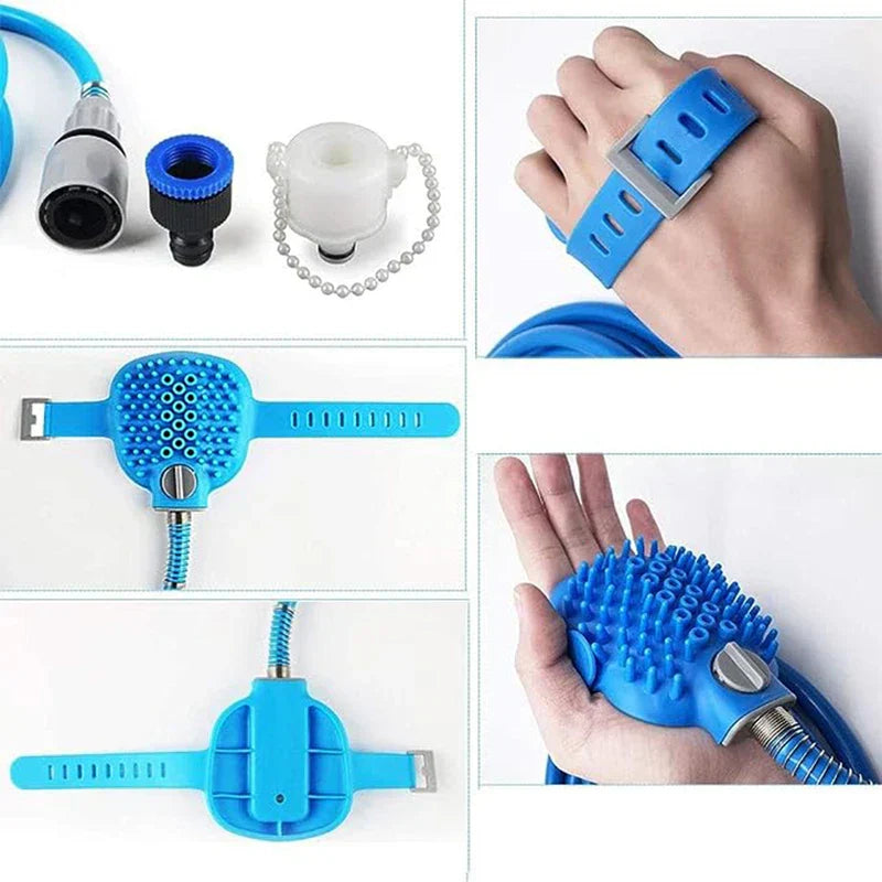 Multiple product views showing adapters, strap fit, and front/back views of a blue pet bathing shower sprayer scrubber.