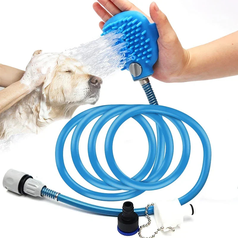 Blue pet bathing shower sprayer scrubber with attached hose being used to rinse a golden retriever during a bath
