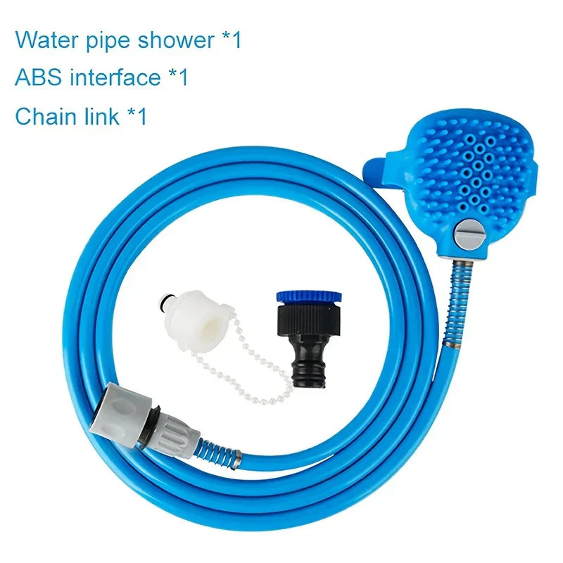 Complete pet bathing shower sprayer scrubber set including hose, connector, and brush head