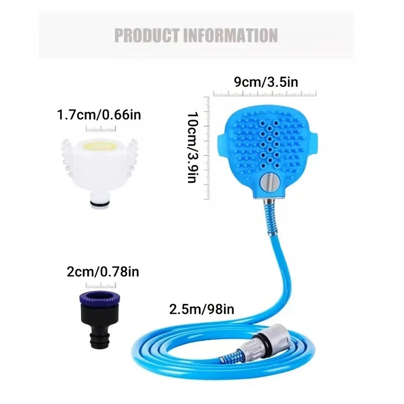 Dimension infographic showing a blue pet bathing shower sprayer scrubber with included adapters and hose length markings.