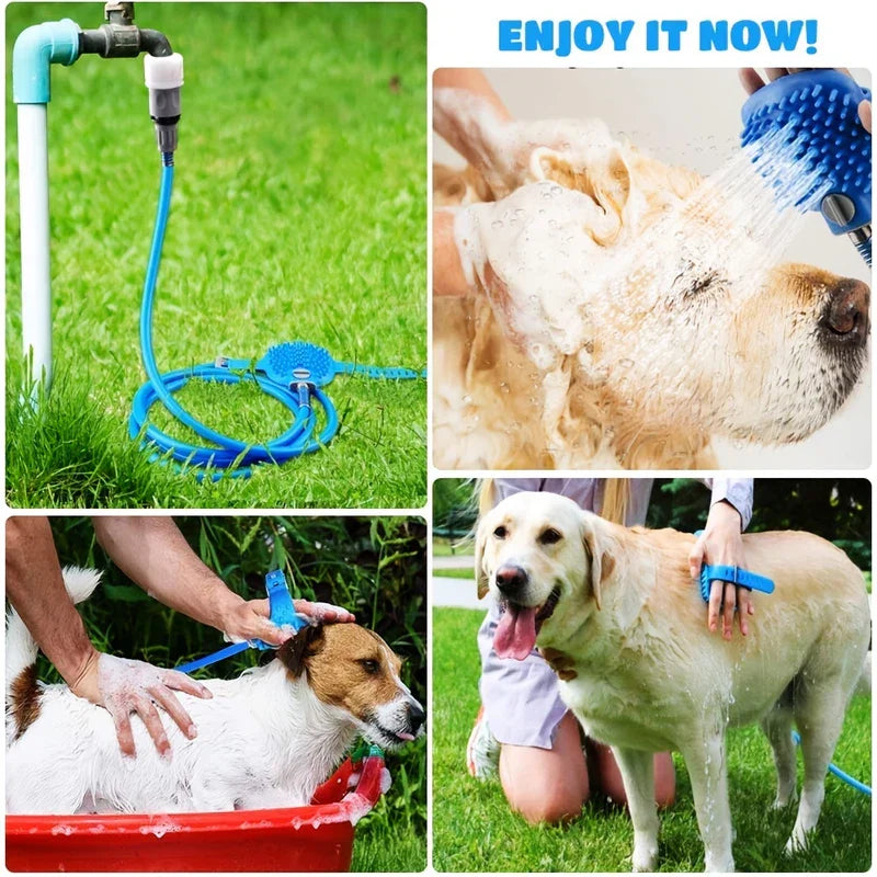 Four-panel collage showing pet bathing shower sprayer scrubber connected to an outdoor spigot and used to bathe dogs of different sizes