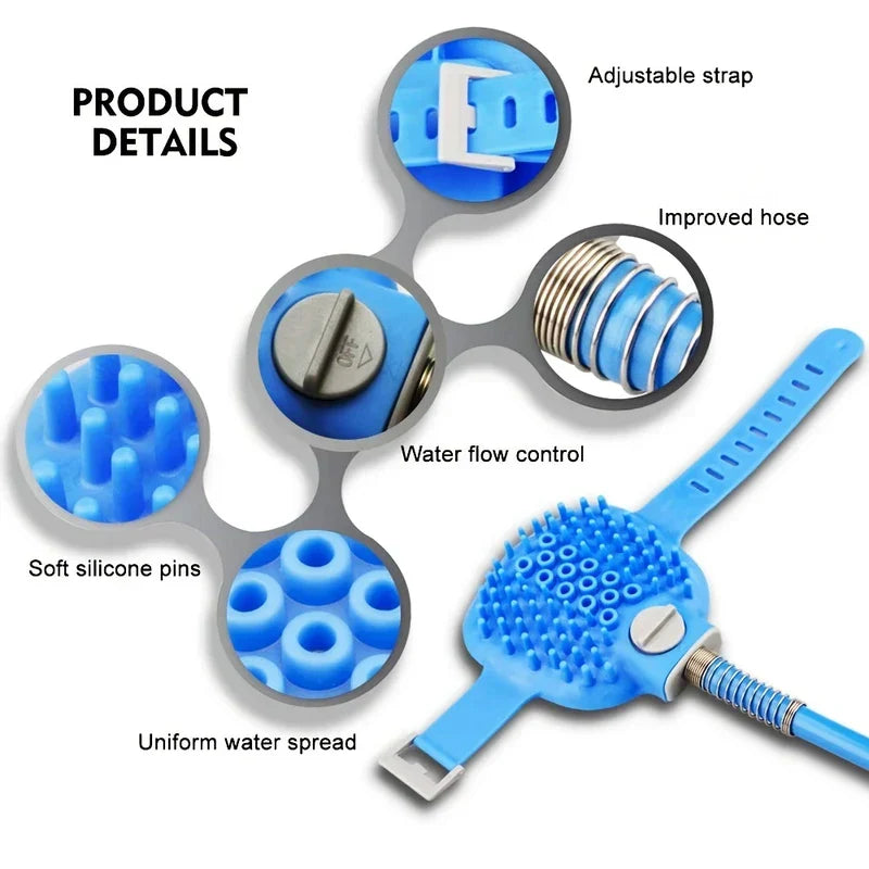 Close-up detail views highlighting parts of a blue pet bathing shower sprayer scrubber, including its pins, valve, hose, and strap.