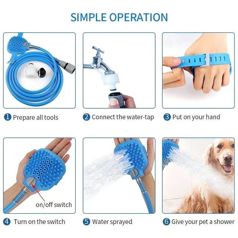 6-step simple operation guide for using the pet bathing shower sprayer scrubber, showing setup, wearing, operation and pet bathing