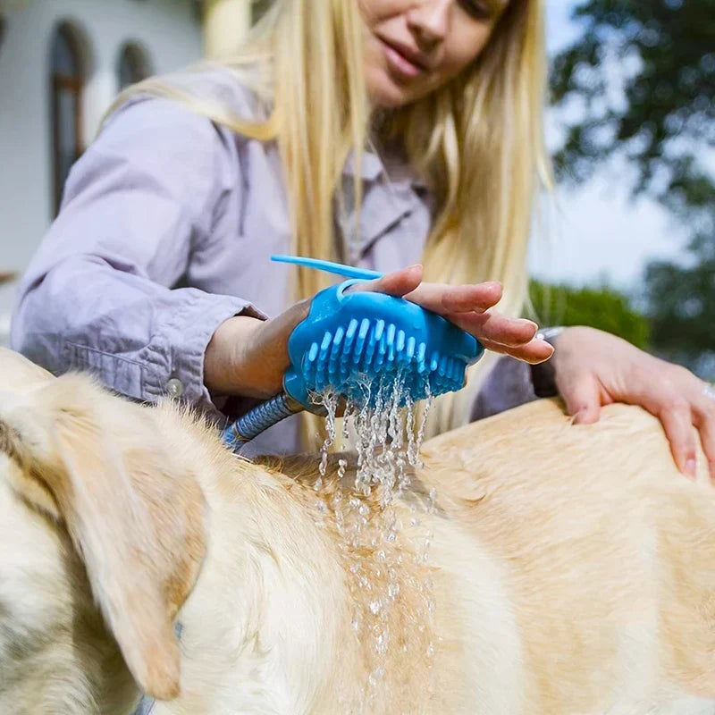 Person using a blue pet bathing shower sprayer scrubber to wash a light-colored dog outdoors.