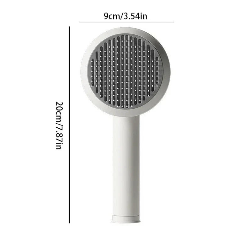 Dog Grooming Comb - White-handled pet brush with a gray bristle face, shown with 9cm width and 20cm length measurements