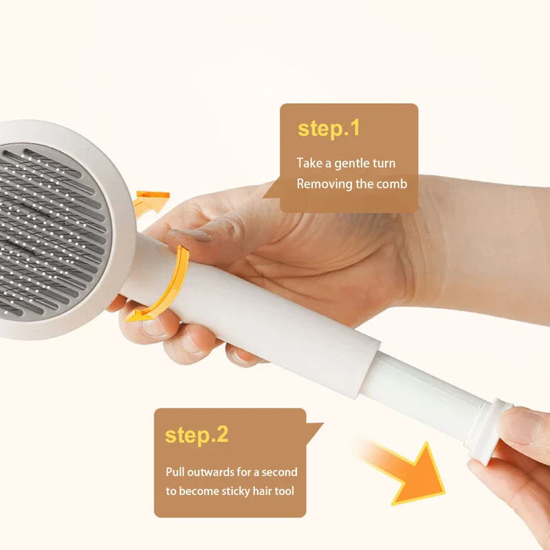 Dog Grooming Comb - Hands demonstrate two steps of converting a pet brush handle to a lint tool with text labels