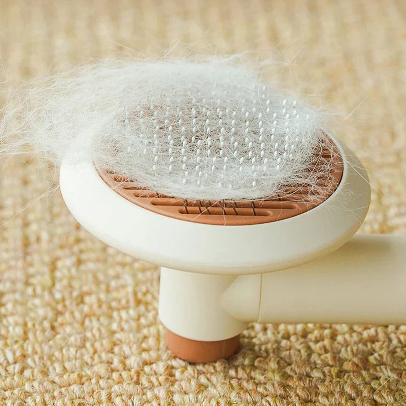 Dog Grooming Comb - Pet brush filled with white pet fur rests on a woven carpet surface