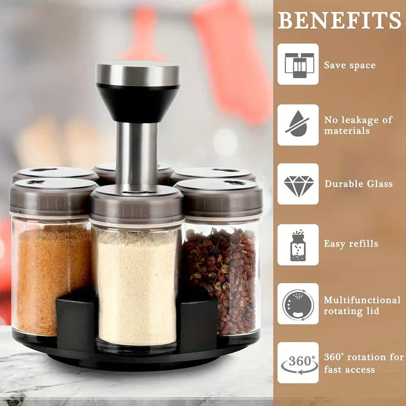 Countertop spice rack organizer with rotating base and labeled jars
