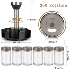 Spice Rack Organizer - Diagram of a rotating spice rack set with 6 glass jars, labeled with dimension markings and rotation indicators.