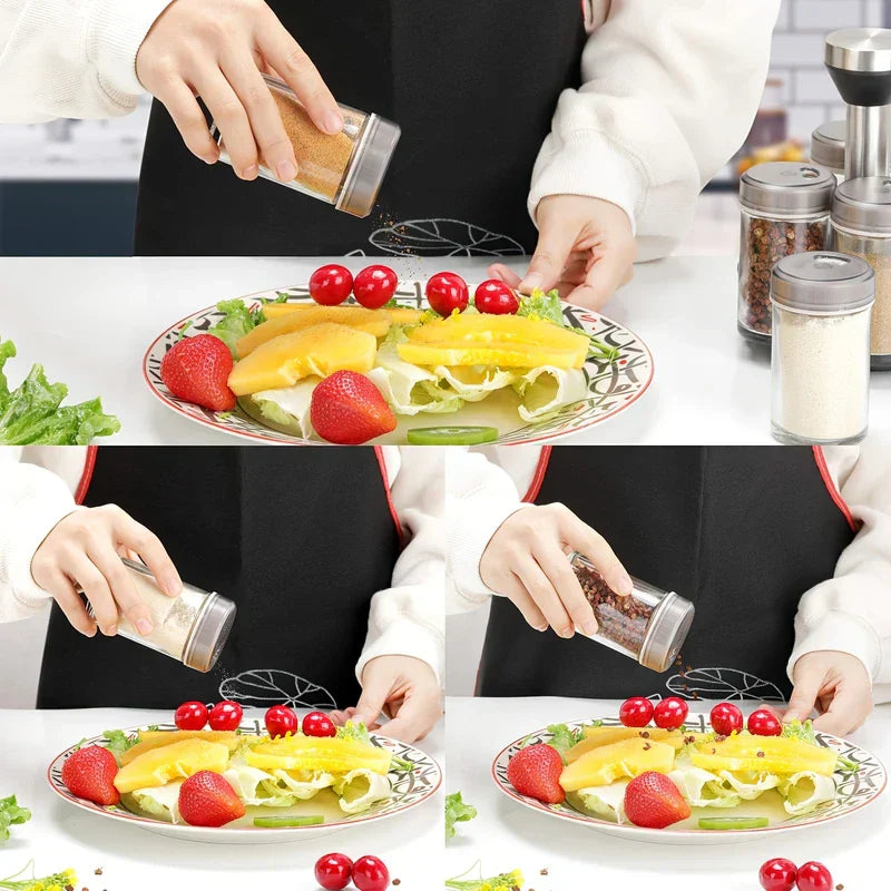 Spice Rack Organizer - Three-panel view of hands sprinkling spices from glass jars onto a plate of prepared fruit and salad.