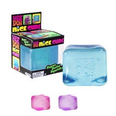 Nice Cube - Blue squishy fidget displayed next to its retail packaging, with smaller pink and purple variants shown below