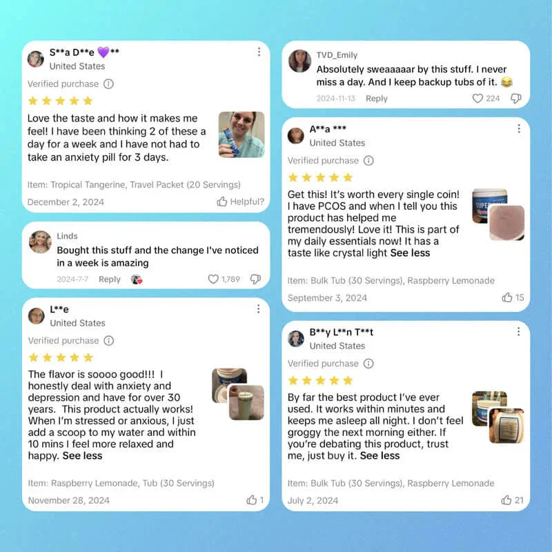 Seven user reviews on a light blue background with small product photos, no raspberry lemonade flavor pack clearly visible as product detail