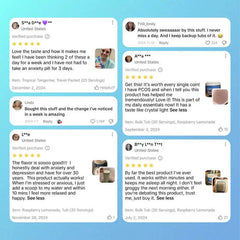Seven user reviews on a light blue background with small product photos, no raspberry lemonade flavor pack clearly visible as product detail
