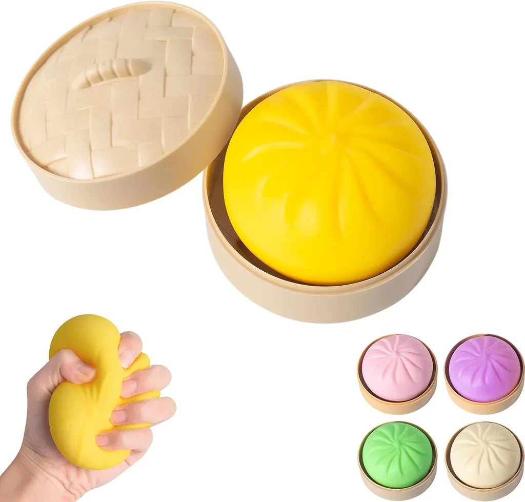 Yellow steamed bun squishy toy in bamboo steamer with pink, purple, green, and beige color options