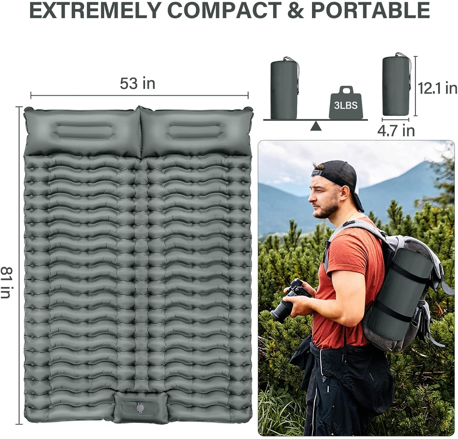 Double Camping Sleeping Pad – 4" Ultra-Thick Foot-Pump Design