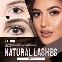 Natural self-adhesive false lashes before after comparison, volumizing eye lash makeup product