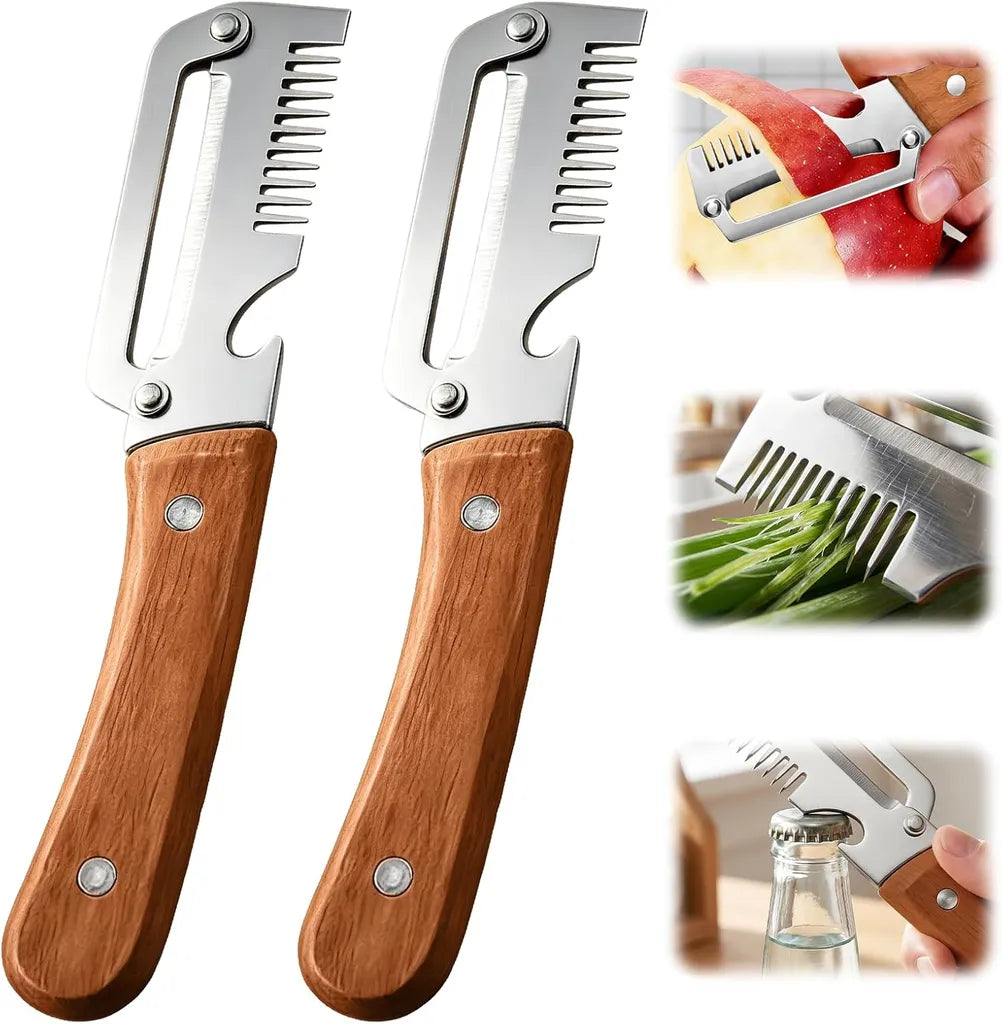Stainless Steel Vegetable Peeler - Two peelers with wood handles shown alongside close-ups of apple peeling, scallion shredding, and bottle opening use cases