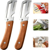 Stainless steel 2-in-1 peeler and julienne slicer with wooden handle, peeling apple, slicing green onions, opening bottle cap
