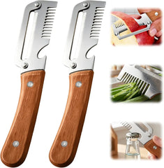 Stainless Steel Vegetable Peeler - Two peelers with wood handles shown alongside close-ups of apple peeling, scallion shredding, and bottle opening use cases