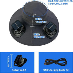 sombrero de ala ancha - Sombrero de ala ancha gris oscuro con dos ventiladores solares en el ala, con dimensiones etiquetadas y accesorios incluidos