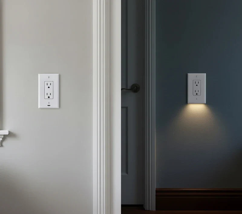 Two wall plate covers with outlets on adjacent light and dark walls, one emitting a downward warm night light glow
