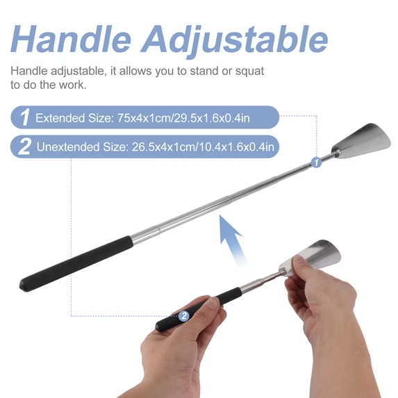 Shoe Horn - Diagram showing the adjustable telescoping handle in fully extended and retracted positions, held by hands, with labeled length measurements