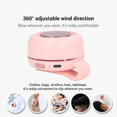 Pink portable fan with 360° adjustable wind direction, shown clipped to clothes, bags, stroller, hat, and tabletop