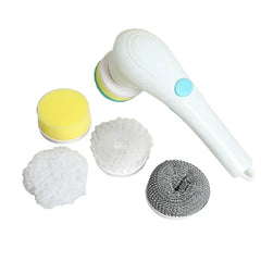 Scrubber Brush - white handheld cleaning tool with four interchangeable brush heads laid out on white background