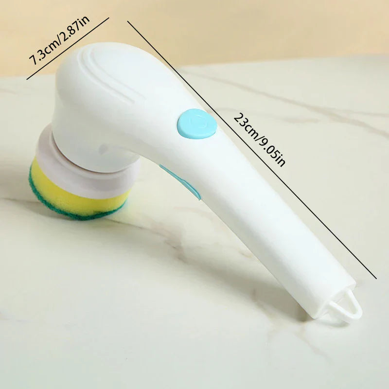 Scrubber Brush - White electric scrubber with a yellow-green sponge head, length marked 23cm/9.05in, head width marked 7.3cm/2.87in, on a marble-patterned surface