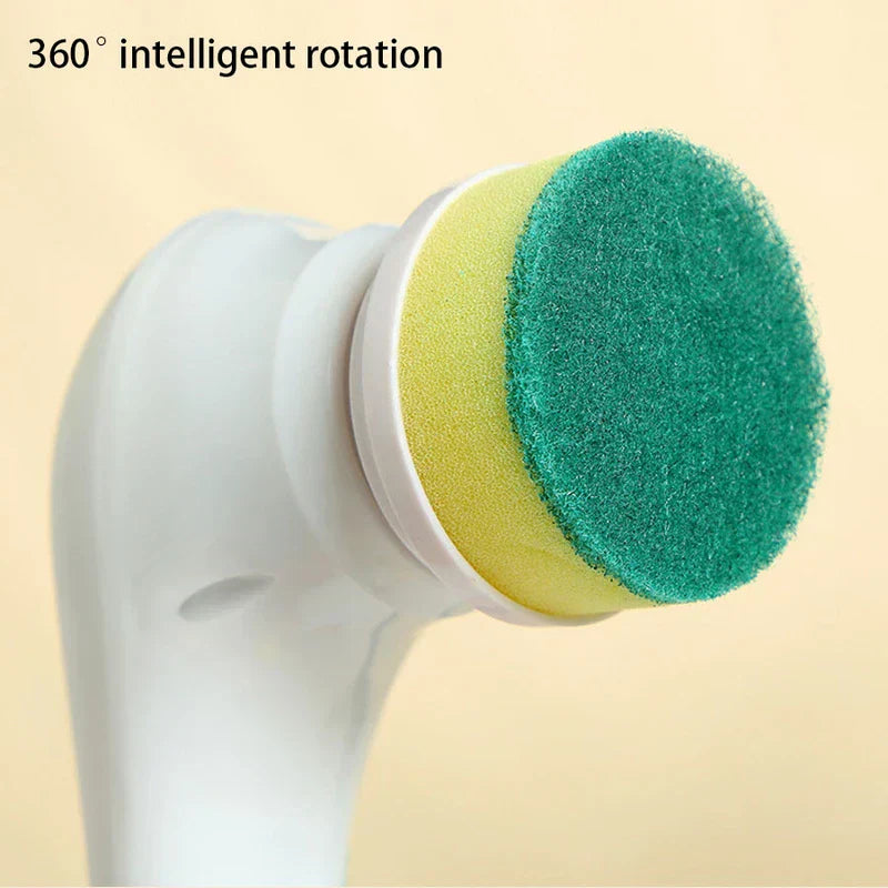Scrubber Brush - close up of green and yellow sponge brush head attached to white handle with 360 rotation text