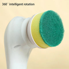 Scrubber Brush - close up of green and yellow sponge brush head attached to white handle with 360 rotation text