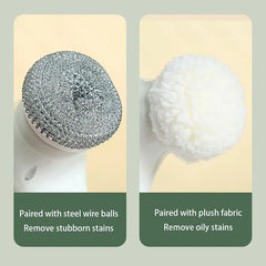 Scrubber Brush - side by side comparison of steel wire brush head and plush fabric brush head with use case labels