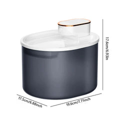 Two-tone gray and white pet water fountain with rose gold accent, showing dimension measurements against a white background