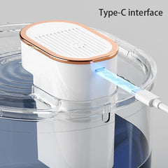 Close-up view of the charging module on a pet water fountain, showing its Type-C charging interface