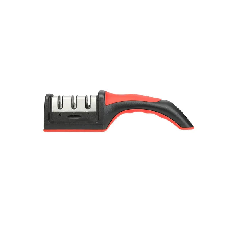 Knife Sharpener Tool - black and red 3-slot handheld sharpening tool on white background