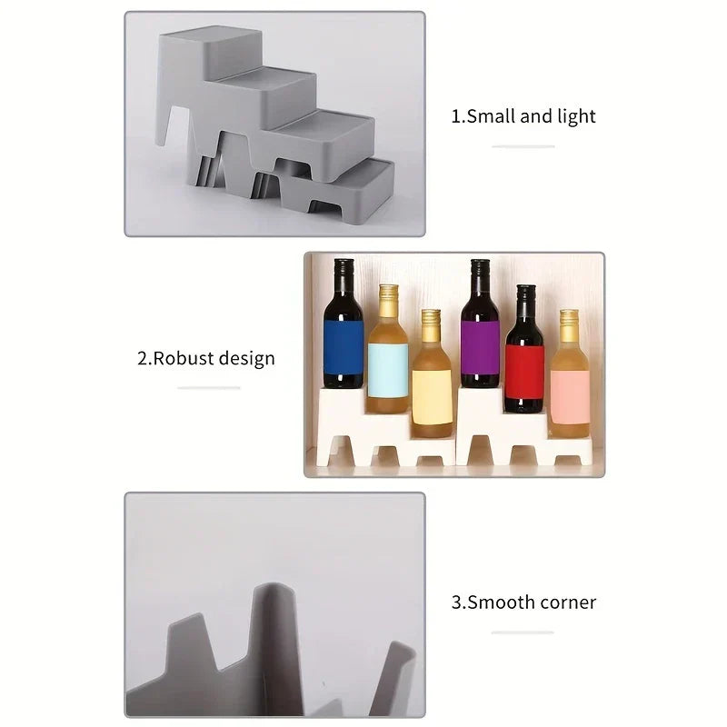 Shelf Organizer - Three product feature panels showing stacked tiered organizers, bottles placed on white tiered organizers, and a close-up of smooth corners, with text labels for each feature.