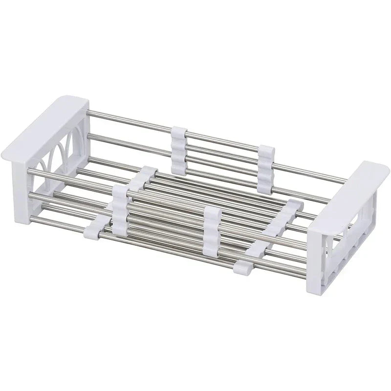 Stainless steel and white plastic expandable rolling utility cart with sliding bar sections and end frames on a plain white background