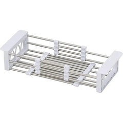 Stainless steel and white plastic expandable rolling utility cart with sliding bar sections and end frames on a plain white background