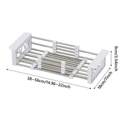 Expandable white and stainless steel rolling utility cart dish drainer with size labels 38-56cm long, 18cm wide, 9cm tall
