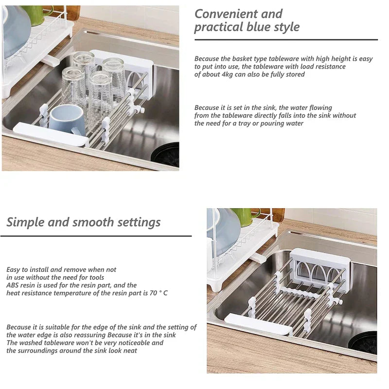 Two views of a white rolling utility cart sink dish rack holding glasses, with product feature text on a white background