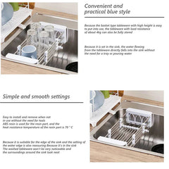 Two views of a white rolling utility cart sink dish rack holding glasses, with product feature text on a white background