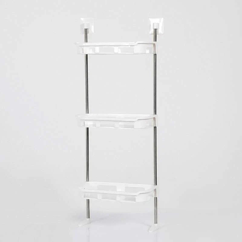 Étagère de rangement - étagère murale blanche à trois niveaux avec montants de support en métal, fixations supérieures adhésives et pieds au sol
