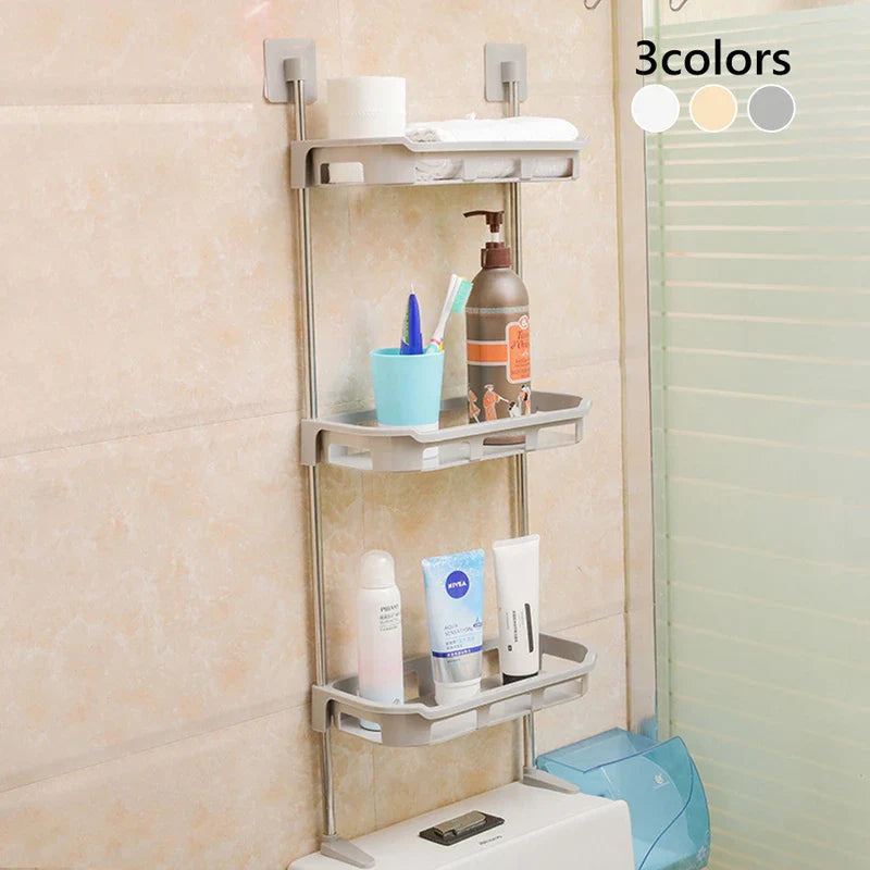 3 tier storage shelf holding folded items