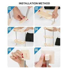 Storage Shelf Rack - Six-step installation diagram for a multi-tier storage shelf, showing assembly of poles, trays, and adhesive wall mounts