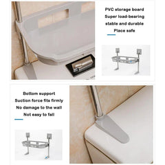 Storage Shelf Rack - Grey bathroom shelf detail: close-up of storage tray, bottom support on a toilet tank, and feature text labels
