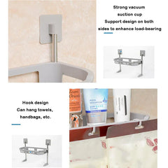 Storage Shelf Rack - Bathroom shelf details: close-up of wall-mounted suction cup, front hooks holding bags, and feature text labels