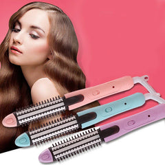 Hair Curler Straightener Wand Set - Three pastel styling tools next to model with wavy hair on pink background